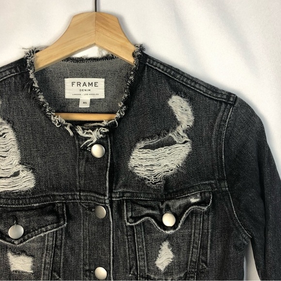 Frame Denim Gaven Black Distressed Rigid Hem Denim Jacket XS - Picture 4 of 6